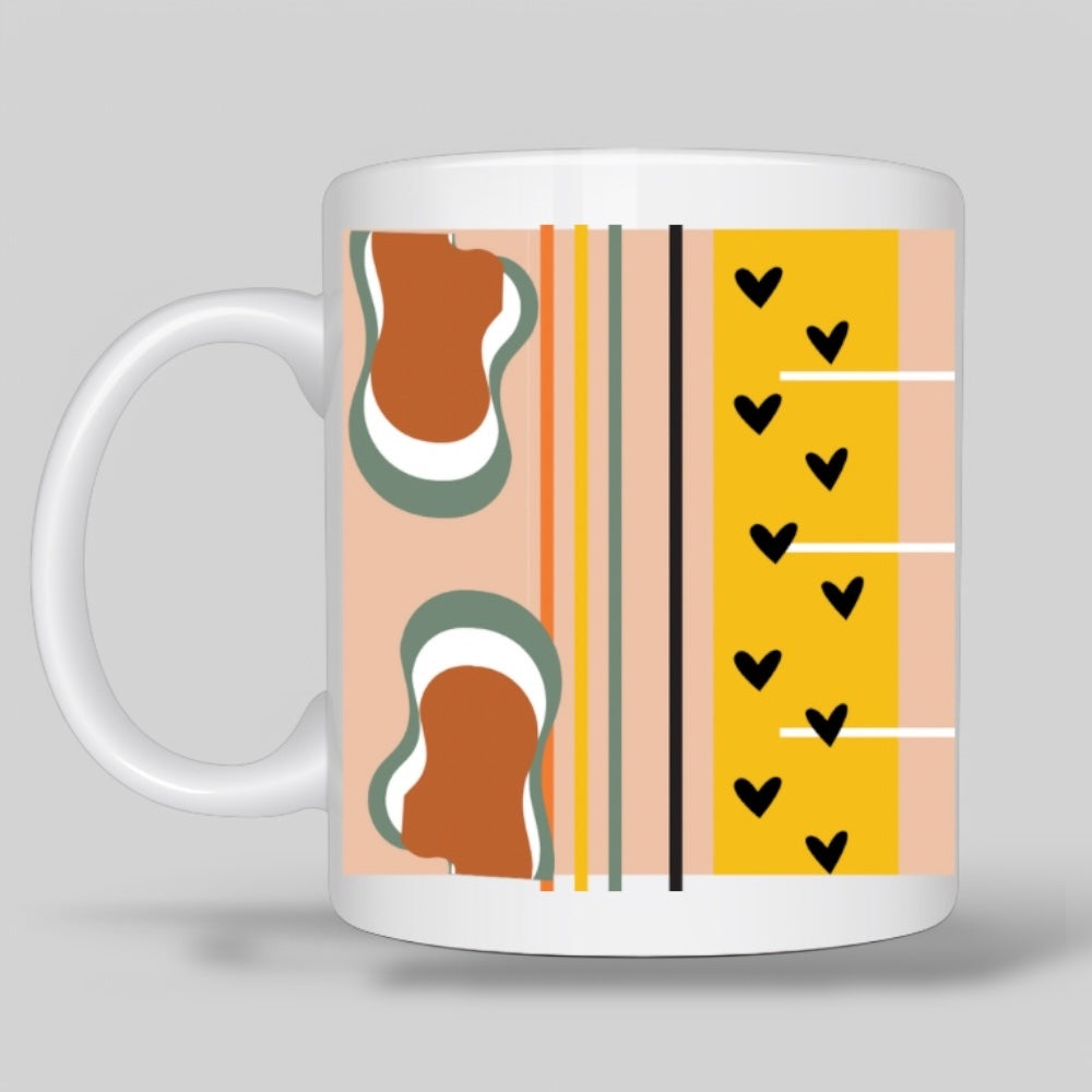 White ceramic mug featuring an abstract design in warm earthy tones, including circles, lines, and geometric shapes for a contemporary aesthetic.