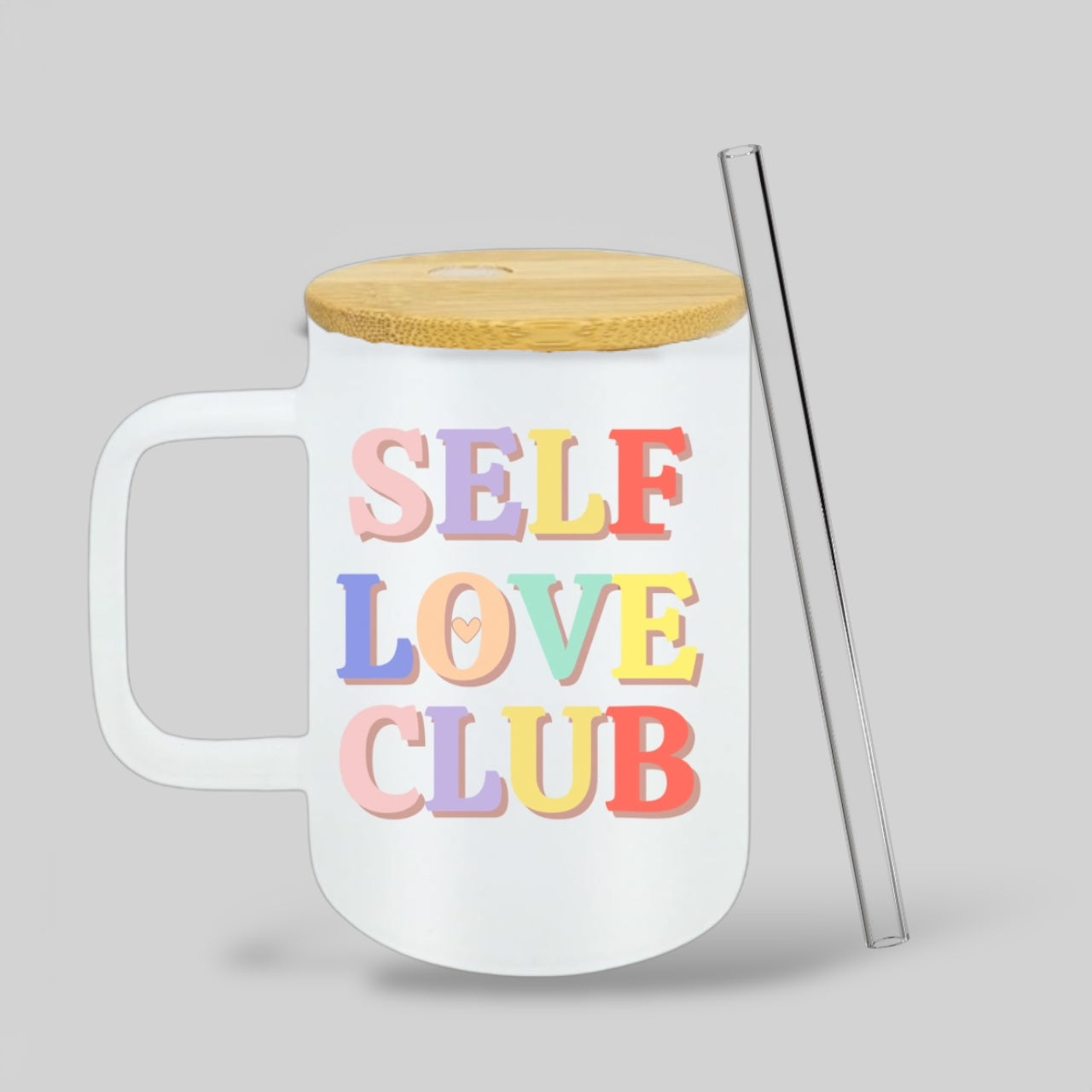 Self Love Club Frosted Glass Mug with Bamboo Lid & Straw – Multi-Color