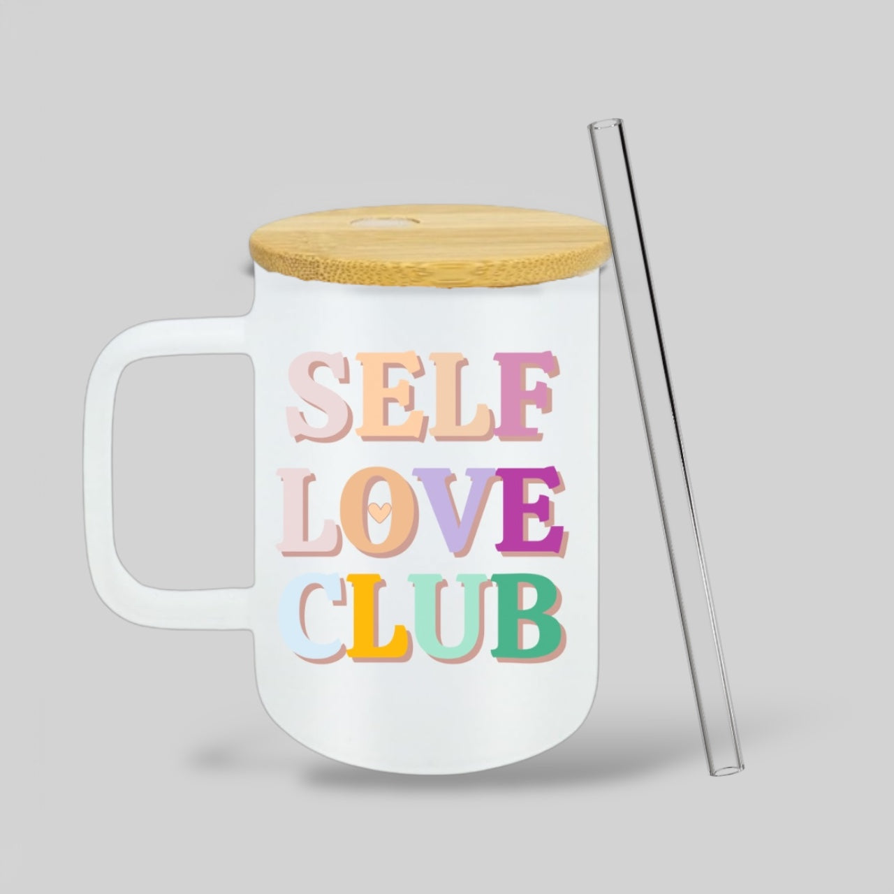 Self Love Club Frosted Glass Mug with Bamboo Lid & Straw – Bright-Color