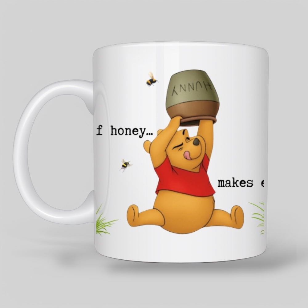 White ceramic mug featuring Winnie the Pooh, Piglet, and Tigger with a honeycomb and bees, creating a cozy and nostalgic Disney-inspired design.