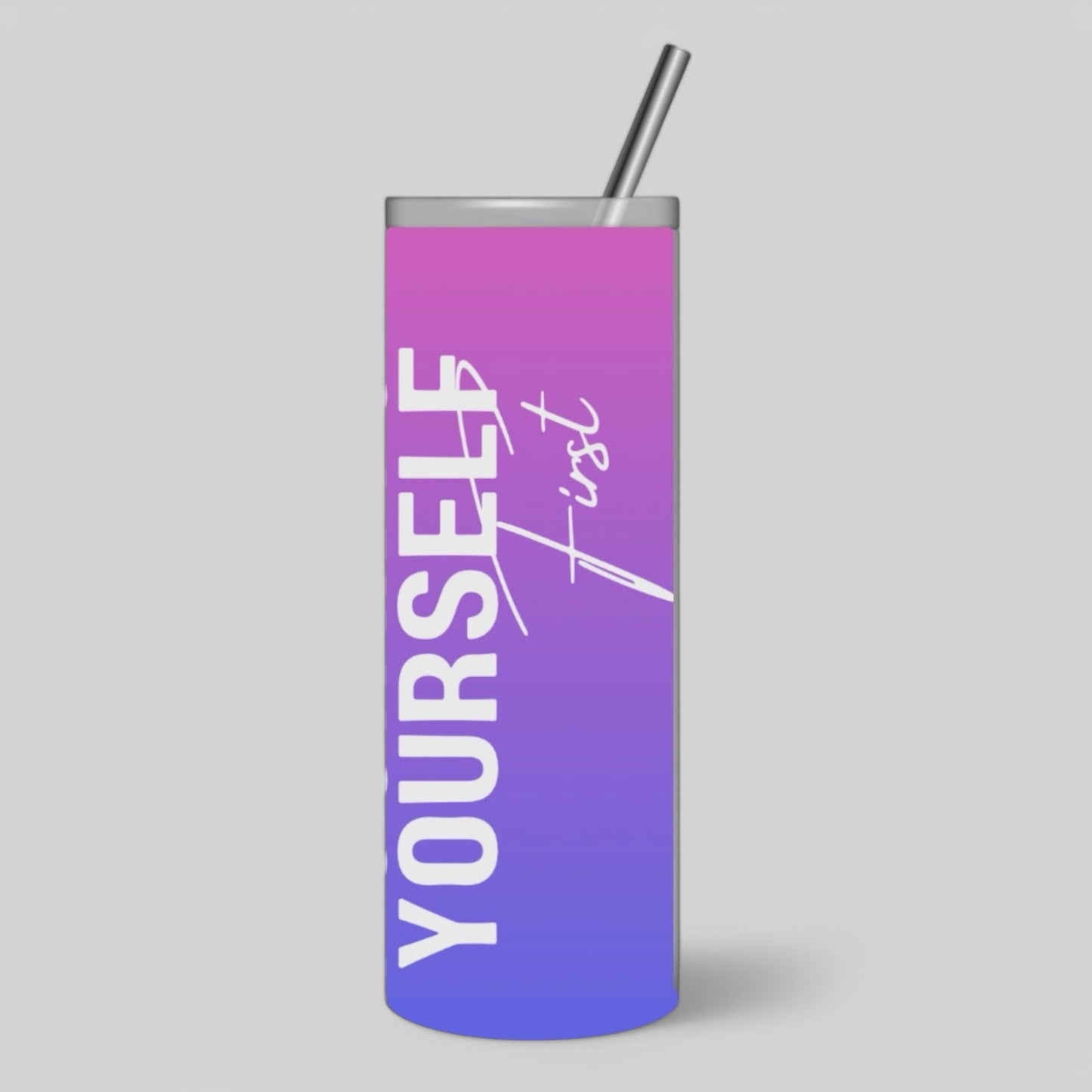 Horizontal Sunset Pink and Purple Pour Into Yourself First 20oz Tumbler design.