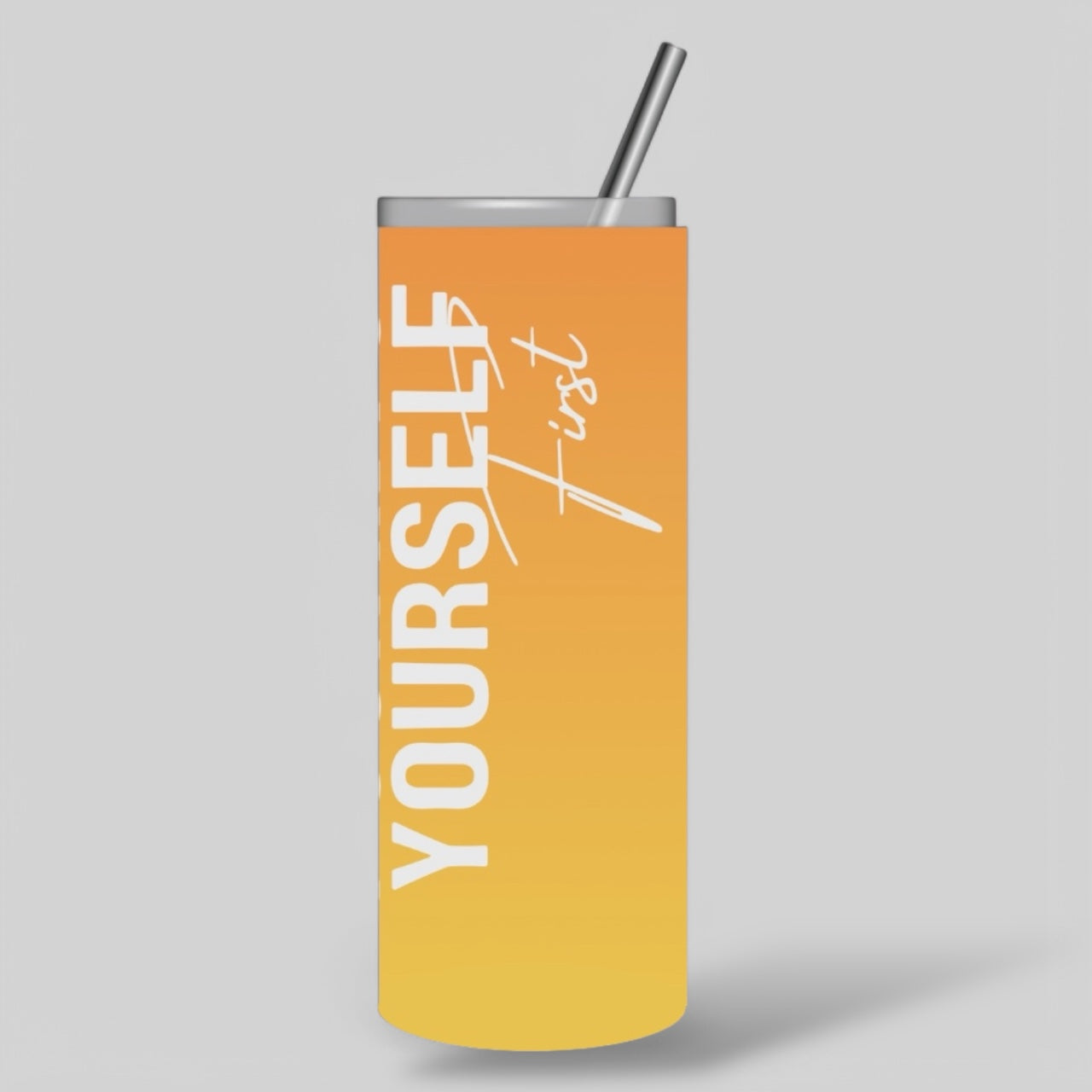 Horizontal Sunshine Yellow and Orange Pour Into Yourself First 20oz Tumbler design.