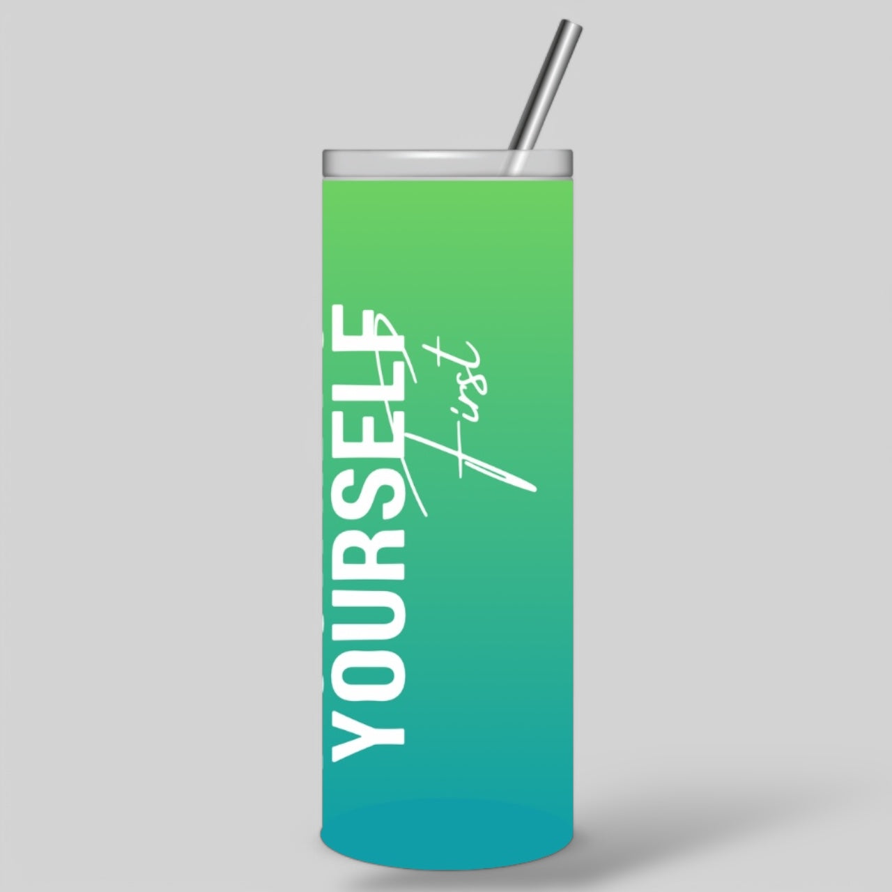 Horizontal Tropical Green and Teal Pour Into Yourself First 20oz Tumbler design.