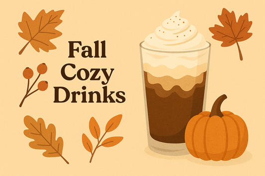 Fall Cozy Recipe Pack cover with six illustrated drinks surrounded by autumn leaves, pumpkin, and cinnamon sticks.