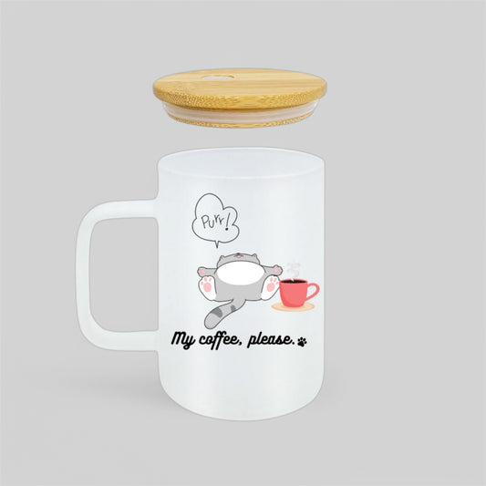 Adorable frosted glass coffee mug with a cute chubby cat illustration saying “My Coffee, Please.” in playful typography. Includes a bamboo lid—perfect for kawaii cat lovers and coffee enthusiasts.