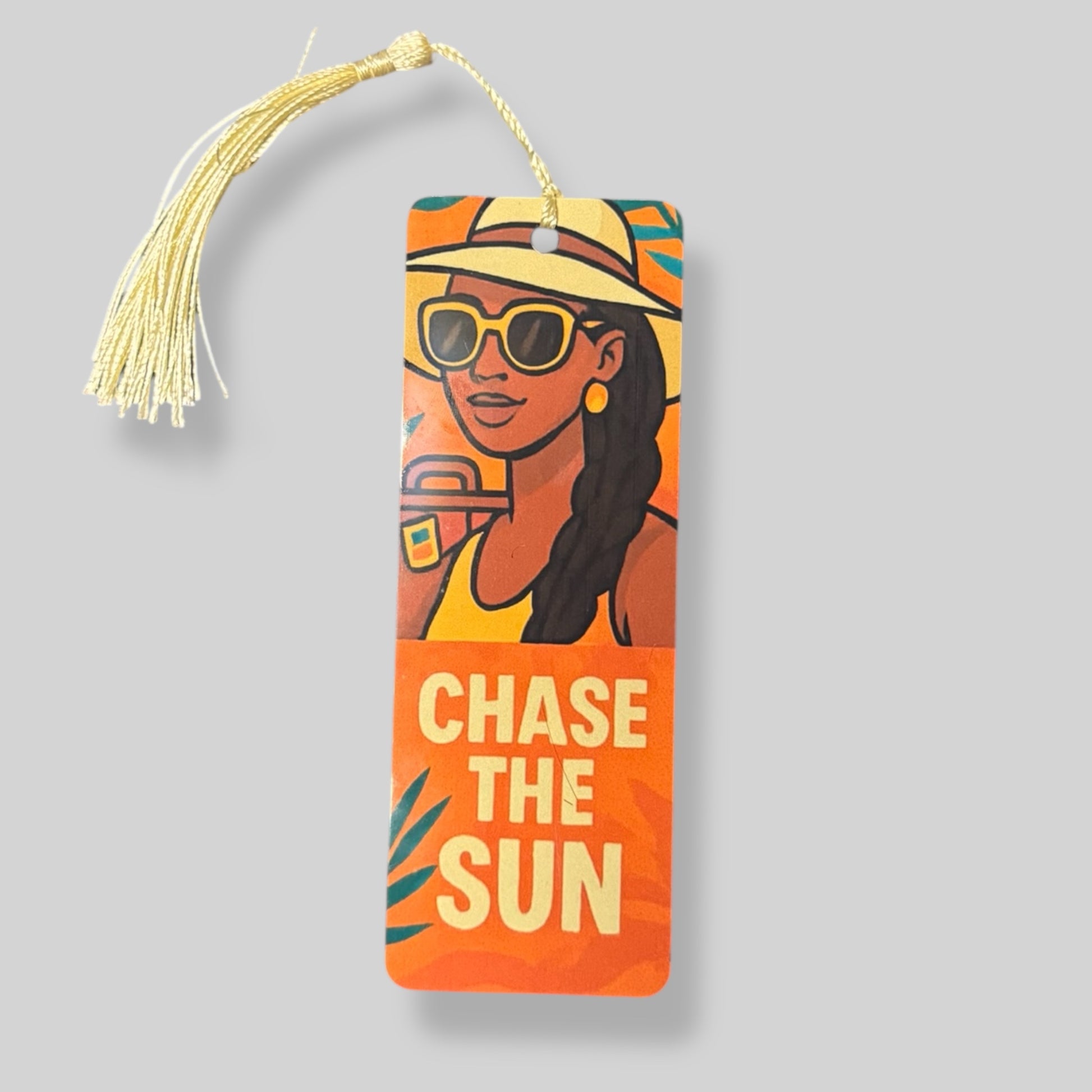 Fashionable woman in yellow with sunglasses and beach bag, standing in front of travel icons and sunshine.