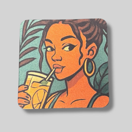Coaster with illustrated girl drinking lemonade with bold tropical tones.